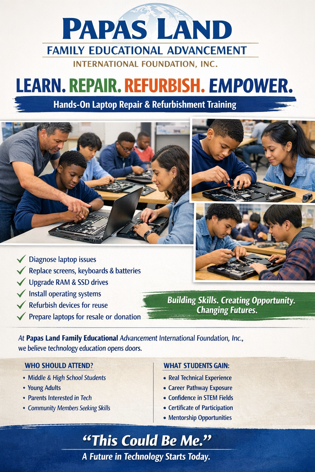 Papas Land hands-on laptop repair and refurbishment training flyer